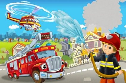 Kreslené jeviště s různými stroji pro hašení požáru pestrá a veselá scéna s hasičem - ilustrace pro děti — Stock obrázek