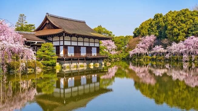Kyoto, Japonsko na jaře na zahradě jezírko Heian Shrine. — Stock obrázek
