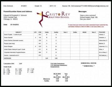 Report Card Template College Cristo Rey High School 4Web inside College Report Card Template