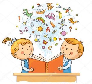Stáhnout - Děti, které čtou knihu a učí se mnoho nových věcí, žádné přechody — Ilustrace