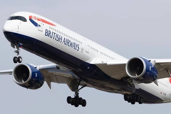A closeup of a British Airways Airbus A350-1000 about to land.