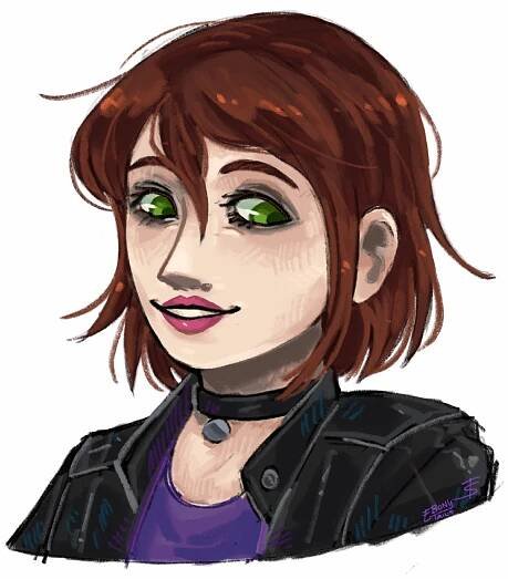 A digital portrait drawing of Ashley Campbell from the game Sally Face. She has short brown hair, pale skin and green eyes. She’s wearing smokey black eyeshadow with dark pink lipstick. Clothes wise, she has a black biker jacket over a purple shirt, along with a black choker with a circular metal charm. She’s smiling while looking down to the right.