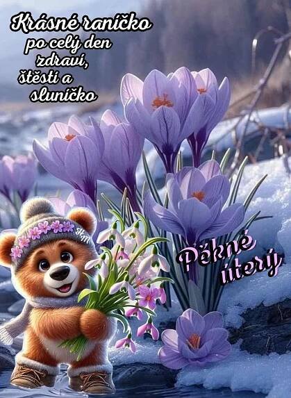 a teddy bear holding flowers in front of some snow covered ground with words on it
