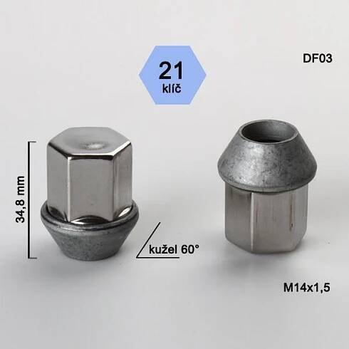 Matice M14x1,5 Ford kužel pohyblivý, klíč 21, uzavřená, nerez. krytka, výška 34,8