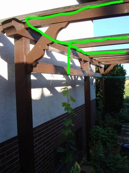 an outdoor patio with wooden pergols and green arrows pointing to the left side