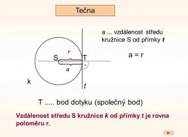 a ... vzdálenost středu kružnice S od přímky t. r. a = r. S. T. . a. k. t. T bod dotyku (společný bod) Vzdálenost středu S kružnice k od přímky t je rovna poloměru r.