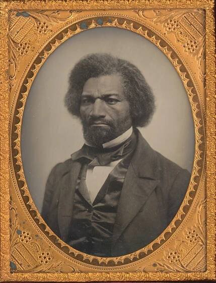 Quarter-plate ambrotype by unidentified artist of Frederick Douglass, head-and-shoulder portrait in brass frame, 1856.