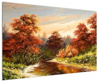 Obraz řeky v podzimní krajině, olejomalba