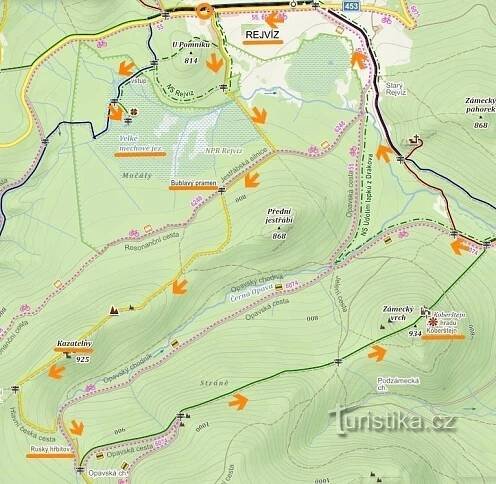 mapa trasy Rejvíz - Bublavý pramen - Kazatelny - Ruský hřbitov - Koberštejn (zdroj:mapy.cz)