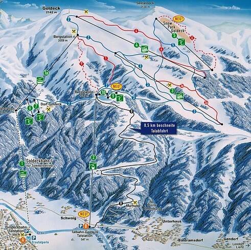 Goldeck am Millstätter See - lyžařská mapa, skimapa sjezdovek a lanovek, zimní panorama ski areálu