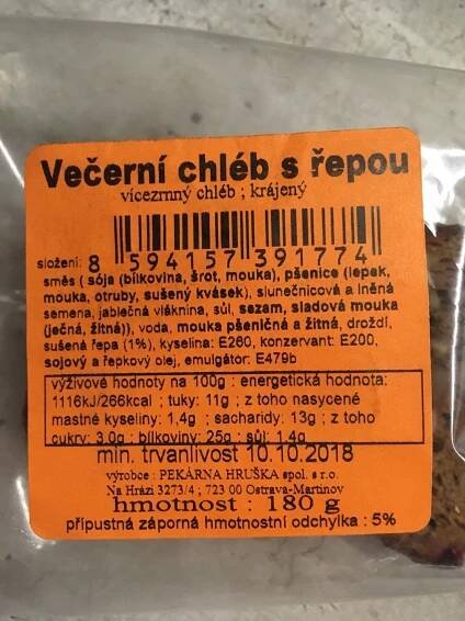 Podrobné informace o potravině Večerní chléb s řepou