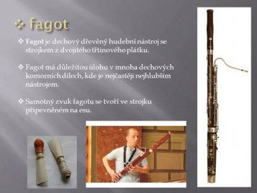Fagot má důležitou úlohu v mnoha dechových komorních dílech, kde je nejčastěji nejhlubším nástrojem. Samotný zvuk fagotu se tvoří ve strojku připevněném na esu.