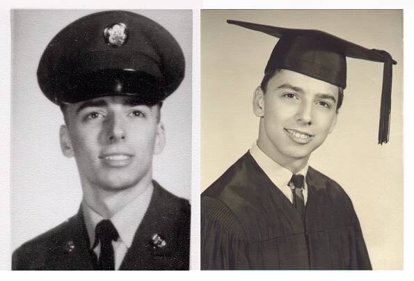 Side-by-side photographs of young Tioga resident Frank Marshall. On the left, he wears a military cap and dress, while on the right he is pictured in his high school graduation cap and dress. 