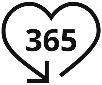 Ikona srdce zakončeného šipkou, uvnitř se nachází číslice 365 - zákazník má 356 dní na vrácení zboží IKEA.