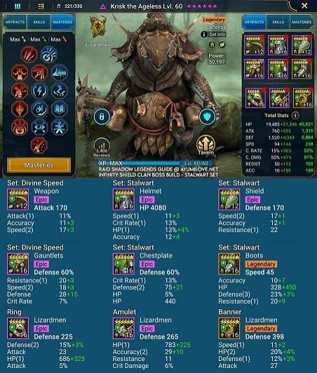 Raid Shadow Legends Krisk the Ageless Artifact and Stats Reference Guide for Infinity Shield Clan Boss Build