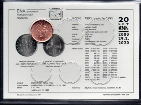10 Kč 2015 UNC s jubilejní kartou (2021) v blistru ENA a kapse Lindner - Numismatika