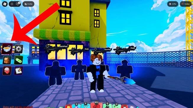 An arrow pointing at the shop button in the Roblox game Arise Crossover.