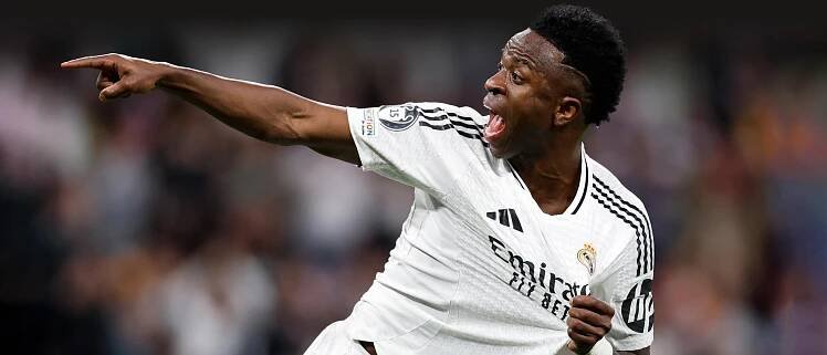 Real Madrid forward Vinícius Jr. celebrating.