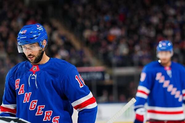Vincent Trocheck #16 of the New York Rangers skating against the Chicago Blackhawks at Madison Square Garden on December 9, 2024