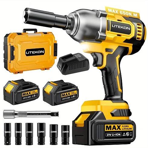 Cordless Impact Wrench, 480ft-lbs (650N.m) 1/2&*; Brushless Power Impact Driver, 21V High Torque Impact Gun, Battery, Fast Charger, 6 Sockets, Electric