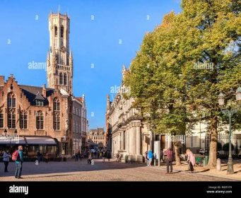 25 September 2018: Bruges, Belgium - Burg Square, looking towards the Market Square and the Belfry Tower on a sunny afternoon. Stock Photo