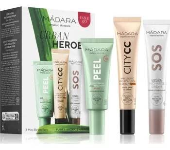 Kosmetika Mádara Urban Heroes peelingová maska 17 ml + CC krém 15 ml + vyživující krém na obličej 15 ml