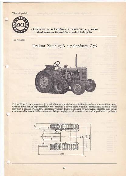 TRAKTOR ZETOR 25 A S POLOPÁSEM Z 76 - KATALOGOVÝ LIST 1960