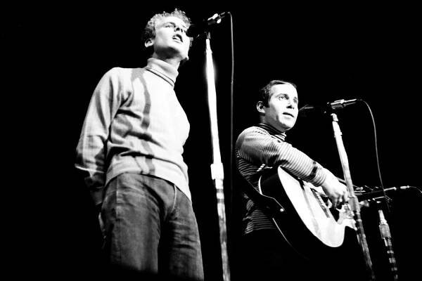 Paul Simon and Art Garfunkle performing on stage at the Monterey International Pop Festival, 1967