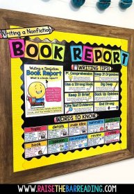 Nonfiction book report bulletin board display with a poster, writing tips, and words to know when writing a book report