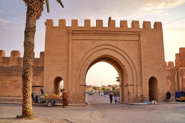 a brick archway with a palm tree in front of it