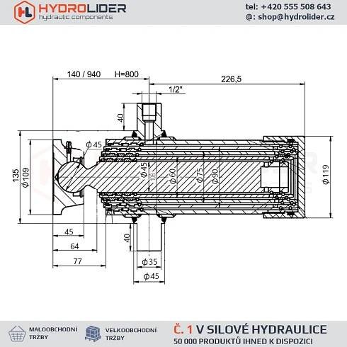Zdvih teleskopického hydraulického válce: 800 mm 90/4/800 pro přívěs včetně montážní zásuvky