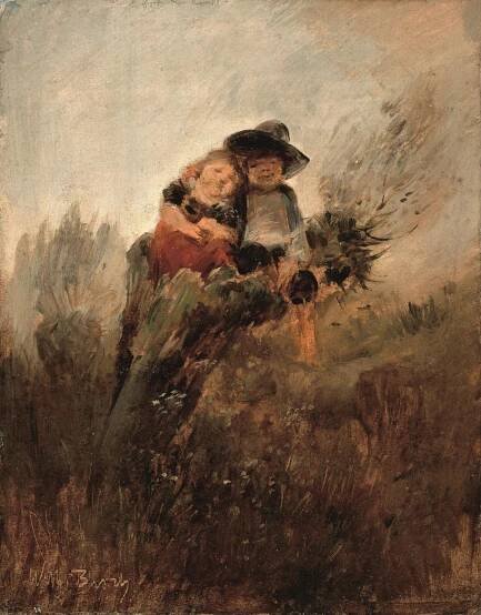Kinder auf Weidenstumpf (Die Geschwister), um 1883, Öl auf Papier/Pappe, 25 x 19,8 cm