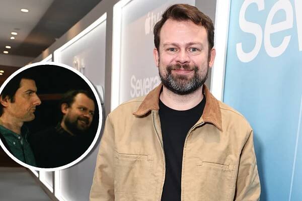 'Severance' creator Dan Erickson standing on a red carpet beside a small circular photo of him and Adam Scott on 'Severance'