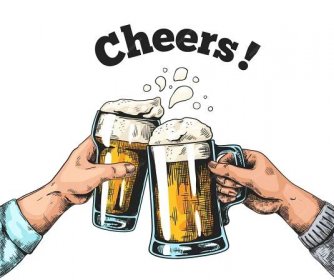 Ruce s hrnky od piva. Ručně kreslený plakát s klasickými hospodskými brýlemi s pivem a rukama, barevný inkoustový náčrt. Šablona přípitku Vector Pub — Stockový vektor