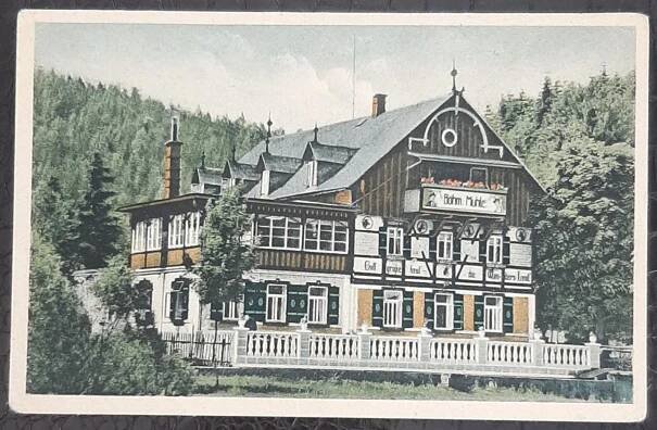 Děčín hotel Böhmův mlýn exteriér okolí - Pohlednice místopis