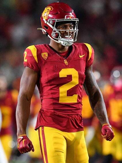 Brenden Rice celebrates during a game between the Utah Utes and the USC Trojans on October 21, 2023 at Los Angeles Memorial Coliseum.