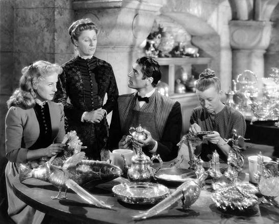 American actress Paulette Goddard, Australian actress Judith Anderson, Austria-Hungarian actor Francis Lederer and American actress Irene Ryan on the set of 1946's The Diary of a Chambermaid, based on the novel 