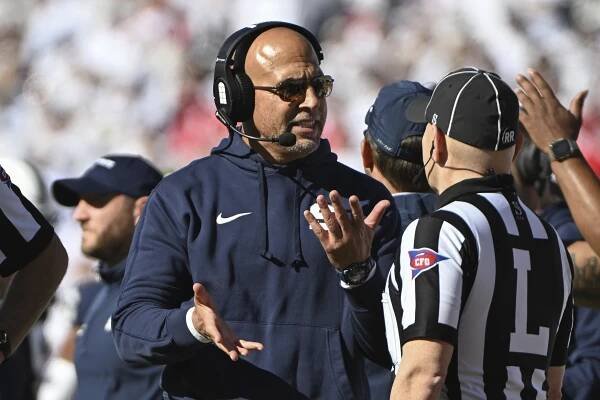 Penn State coach James Franklin talks to a referee during a loss to Ohio State on Nov. 2, 2024.