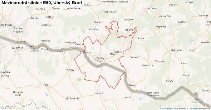 Uherský Brod, Silnice E50 - Mapa
