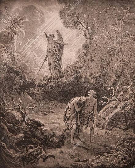 Vyhnání Adama a Evy z ráje. Svatá bible