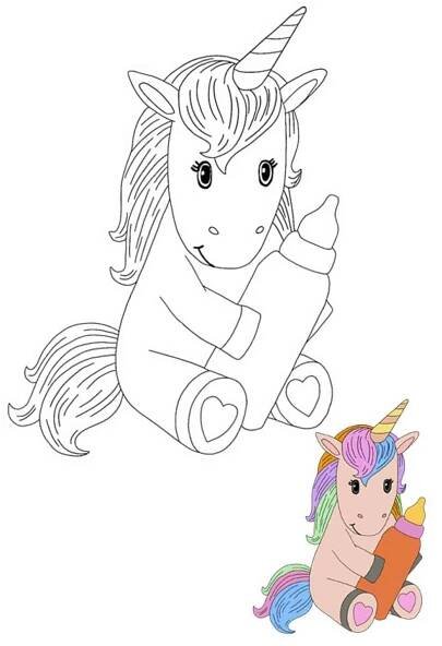 Little baby unicorn with bottle coloring page