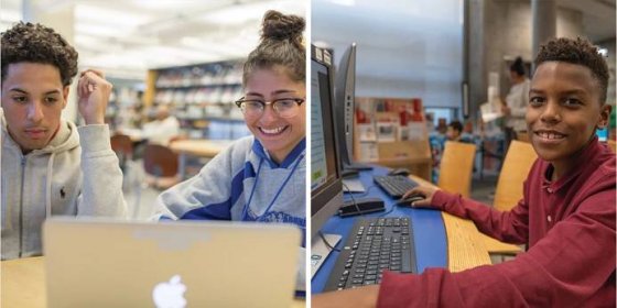 Side by side images of two teens using a laptop and a child using a desktop computer.