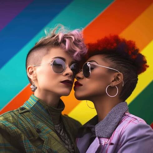 Bezplatný obrázek: Dvě dospívající lesbické dívky s pozadím v duhových barvách, ilustrace svobody LGBT komunity