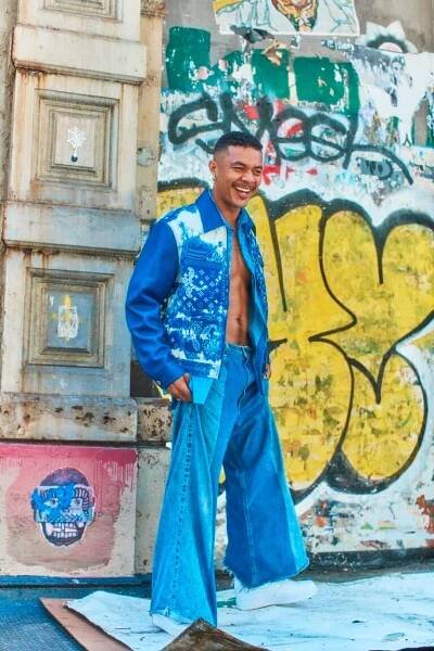 Ismael wears jacket and shirt by LOUIS VUITTON; Ismael’s own customized vintage LEVI jeans; underwear by JOCKEY; sneakers by NIKE; earring by JENNIFER FISHER; necklace, earrings and rings by M JEWELERS.