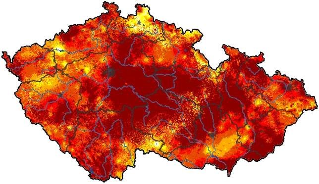 Čím tmavší barva, tím je sucho intenzivnější. Mapa: InterSucho