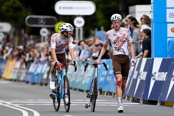 GEELONG AUSTRALIA  JANUARY 29 LR Paul Lapeira of France and Dorian Godon of France and AG2R Citren Team after crashing at the finish line during the 7th Cadel Evans Great Ocean Road Race 2023  Mens Elite a 1743km one day race from Geelong to Geelong  CadelRoadRace  on January 29 2023 in Geelong Australia Photo by Tim de WaeleGetty Images