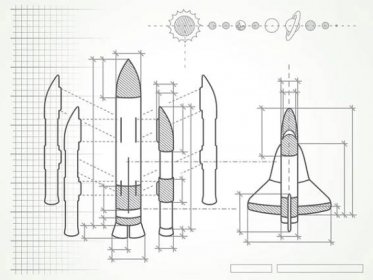 Blueprint s vesmírnou loď a planety — Ilustrace