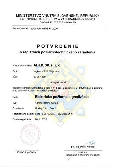 Potvrdenie o registrácii PTZ