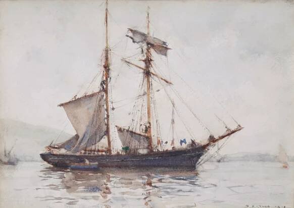 Henry Scott Tuke, Topsail Schooner in Falmouth Harbour, 1919
