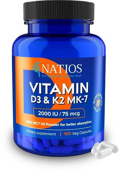 NATIOS Vitamin D3 & K2 (MenaQ7 MK-7), 2000 IU & 75 mcg, 100 kapslí